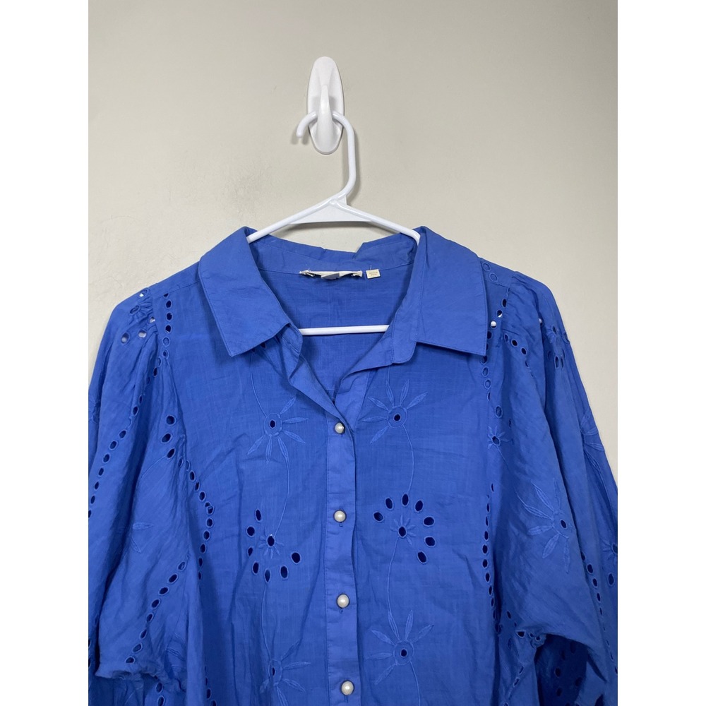 Anthropologie Forever That Girl Blue Puff Sleeve Cotton Eyelet Button Down - Picture 3 of 10